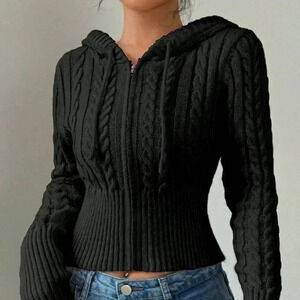 Black Casual Women's Front Zipper Long Sleeve Hooded Sweatshirt